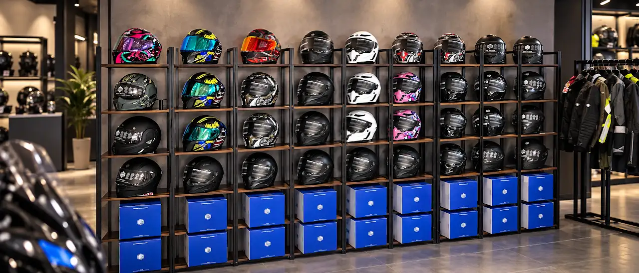 Exhibición de cascos y chamarras para motociclistas en una tienda