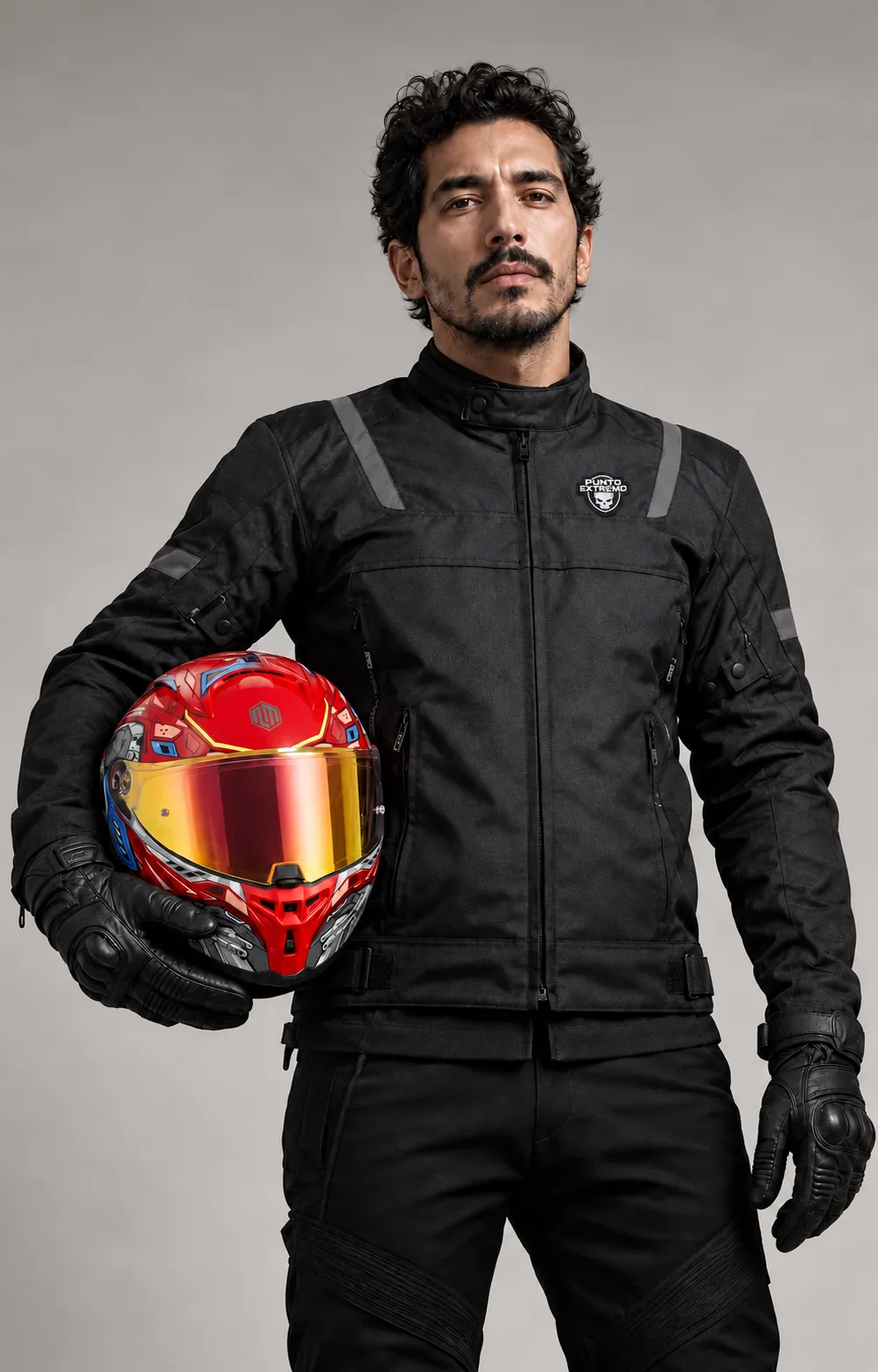 Motociclista con chamarra Onix de Punto Extremo, con el logotipo visible en el pecho, y casco MF510