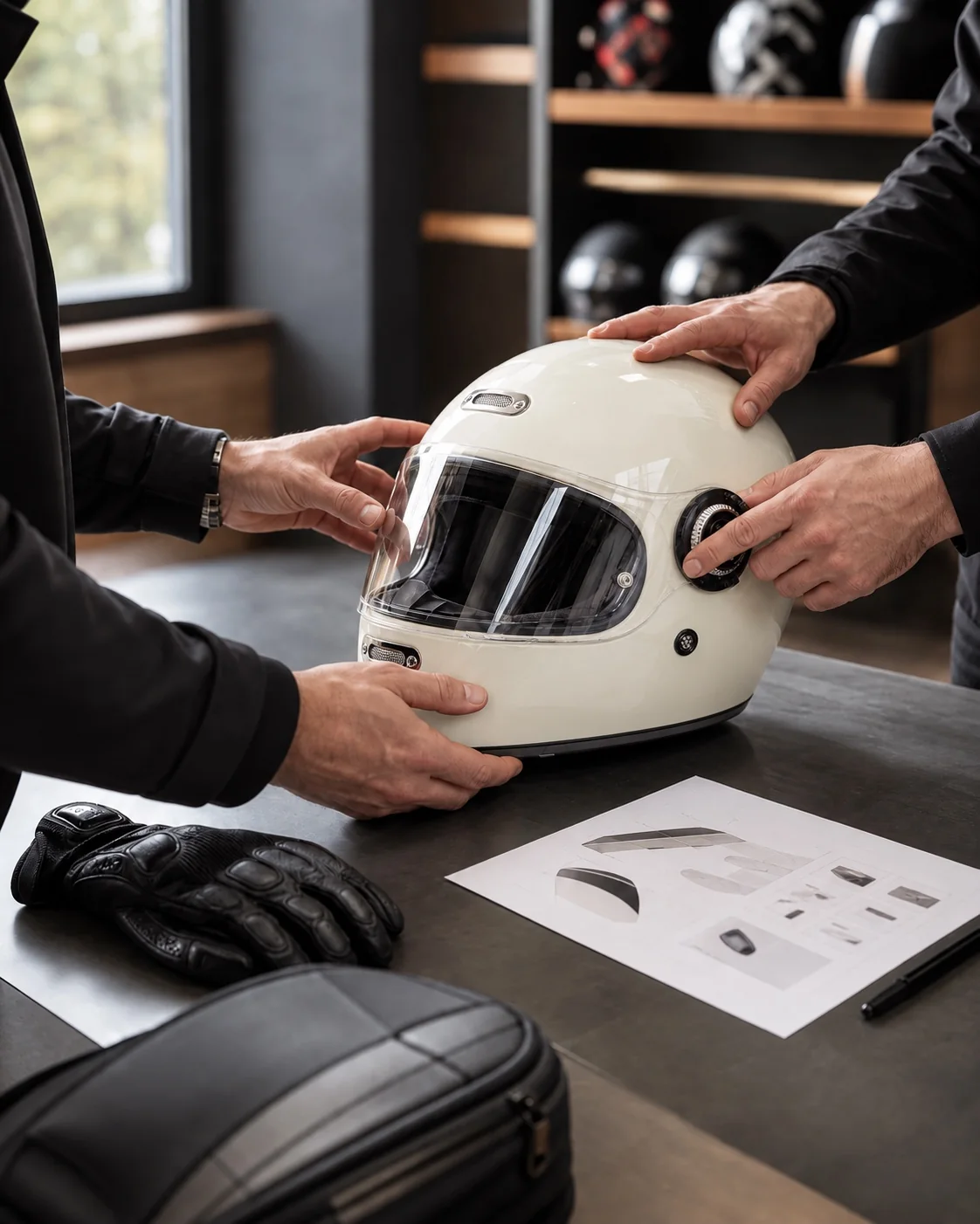 Especialistas examinando un casco blanco ILM Z503 en una tienda de equipamiento