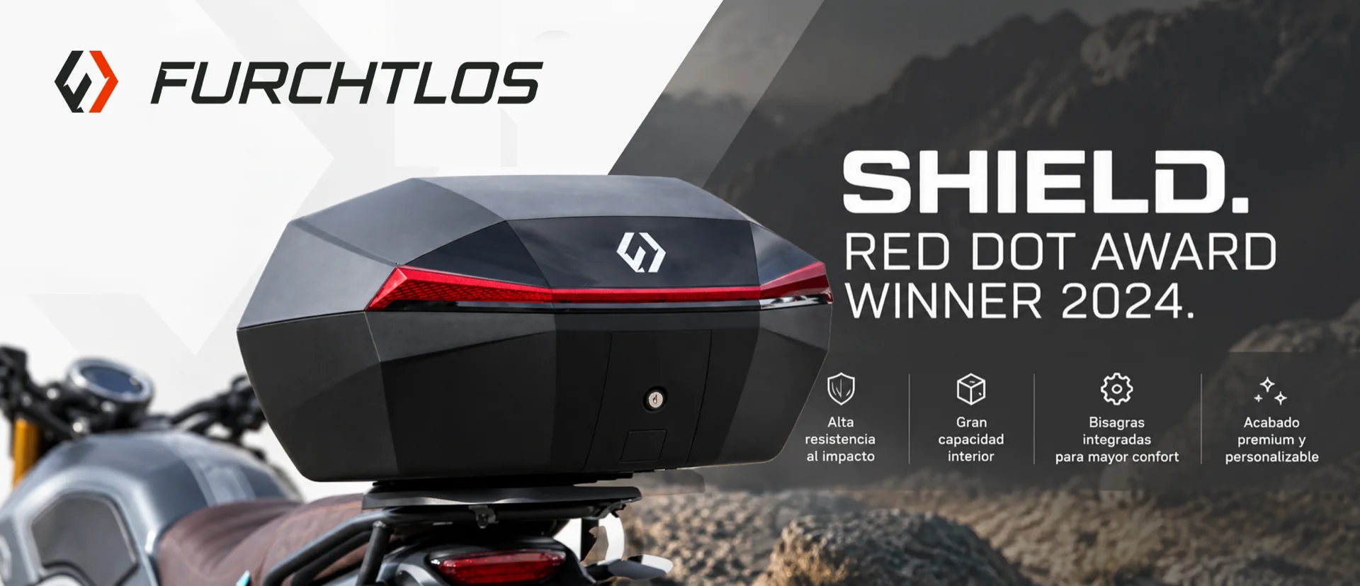 Furchtlos Shield, Red Dot Award Winner 2024. Top case con alta resistencia al impacto, gran capacidad interior, bisagras integradas y acabado premium.