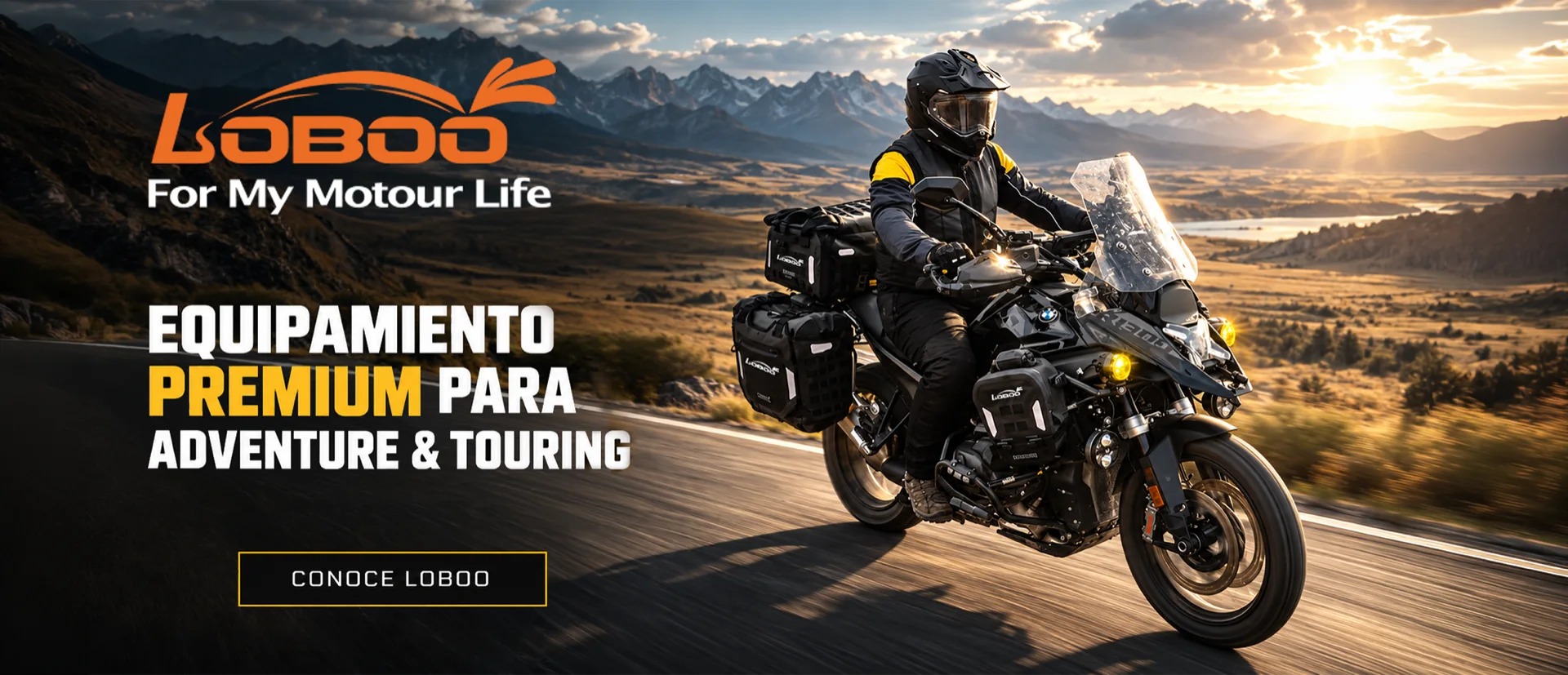 LOBOO, For My Motour Life. Equipamiento premium para adventure y touring. Motociclista en ruta con equipaje LOBOO.