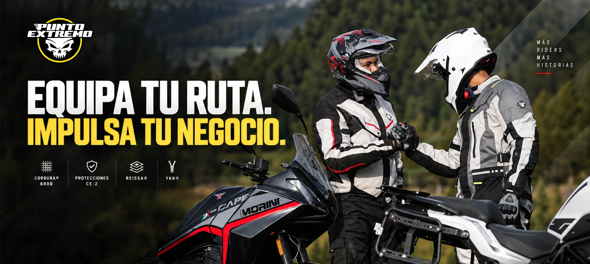 Punto Extremo: Equipa tu ruta, impulsa tu negocio. Dos motociclistas equipados en ruta.