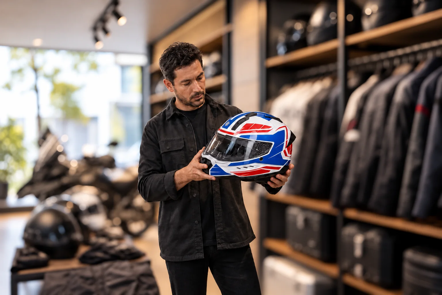 Cliente examinando un casco ILM MF568 blanco, azul y rojo en una tienda de equipamiento