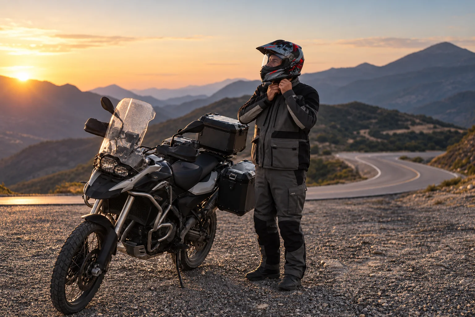 Motociclista ajustando un casco ILM 606V junto a su moto en la montaña