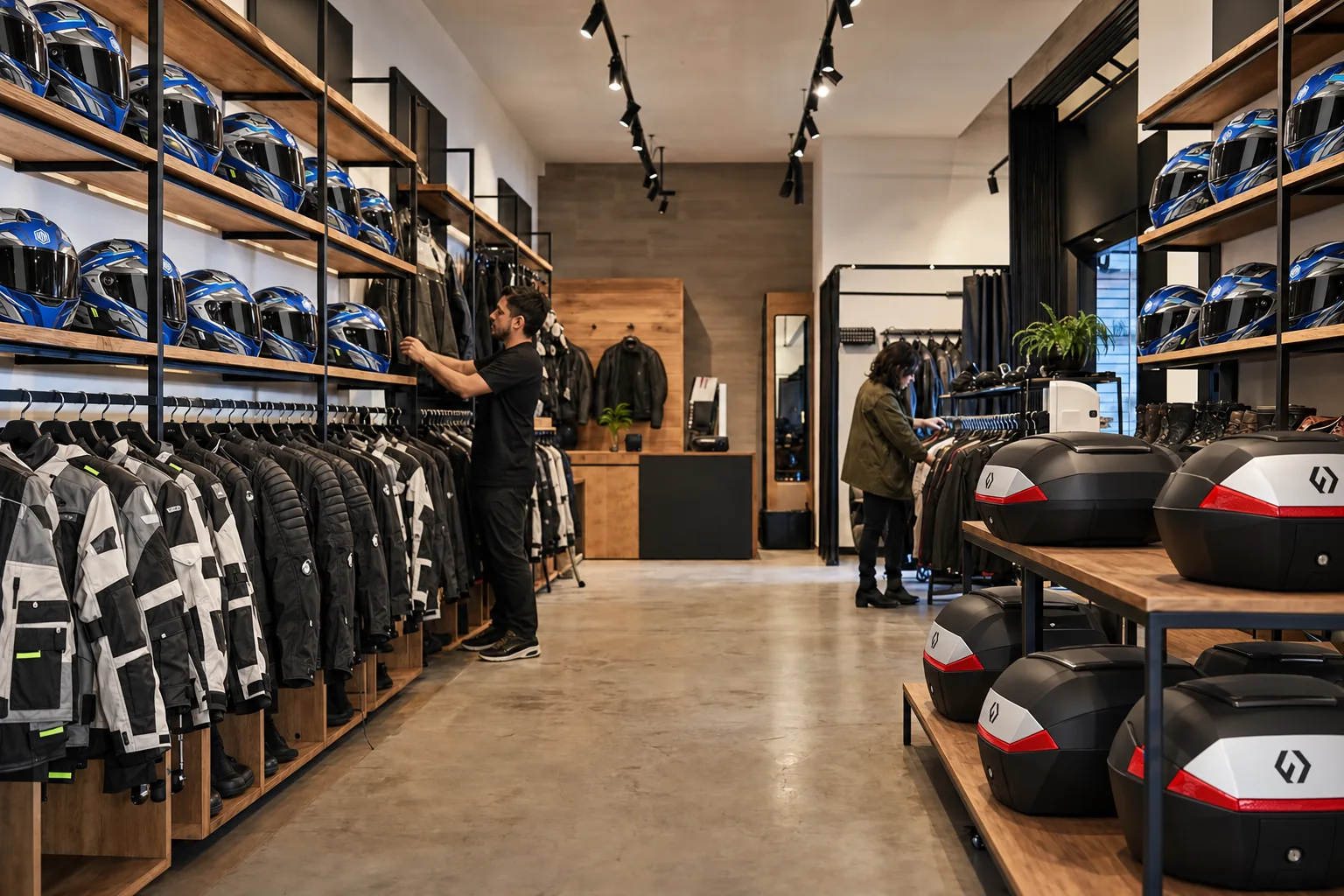 Tienda con cascos ILM MF509, chamarras Punto Extremo y baúles Furchtlos
