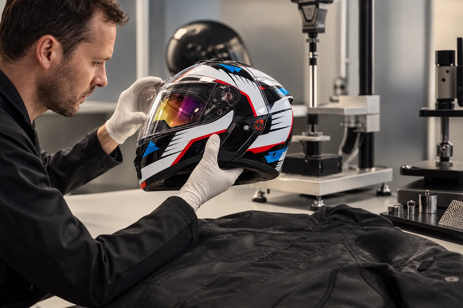 Especialista inspeccionando un casco modular ILM B-711 en color